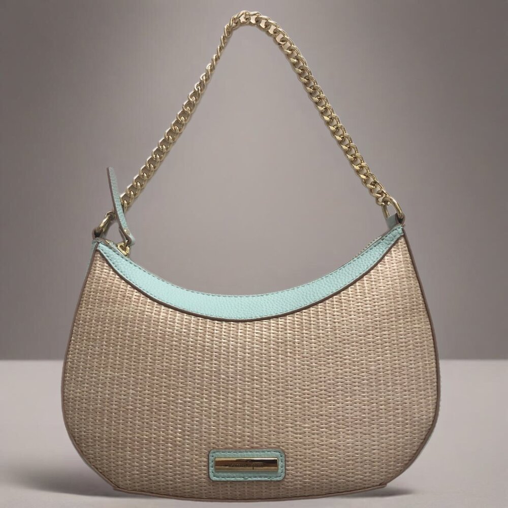 Divine Nanette Lepore Straw Vegan Leather Tiffany Blue Shoulder Bag - NEW!